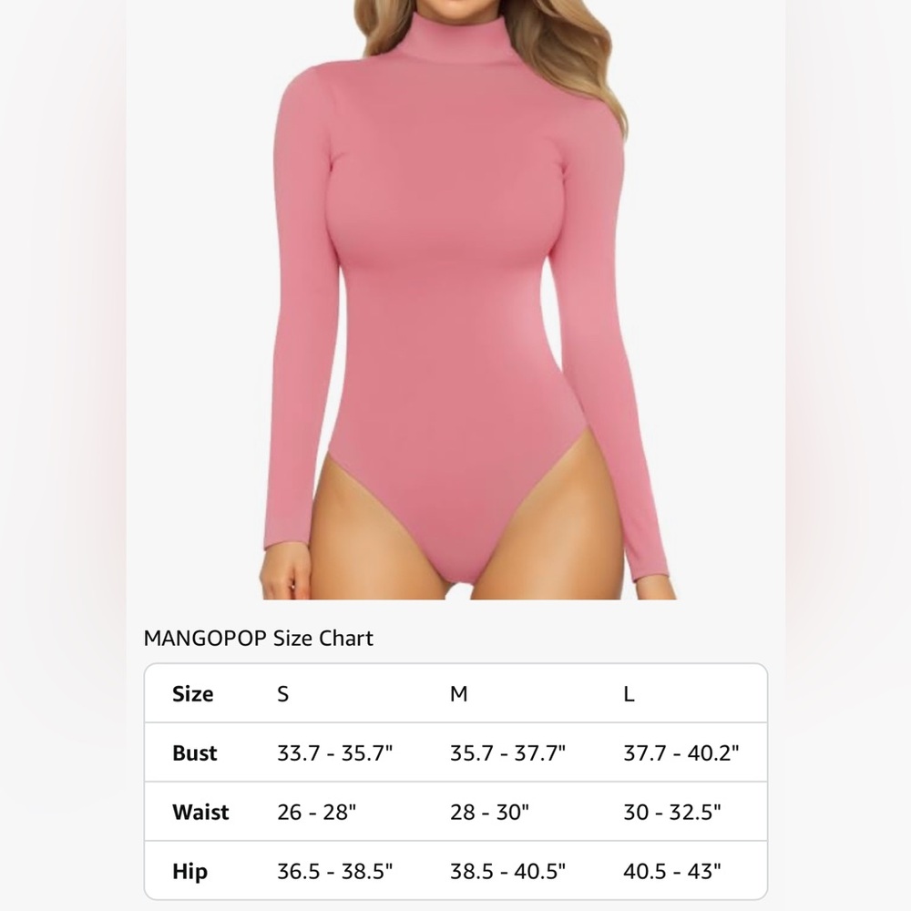 MANGOPOP Women's Mock Turtle Neck Long Sleeve Tops Bodysuit Baby Pink- Size M - Picture 4 of 7